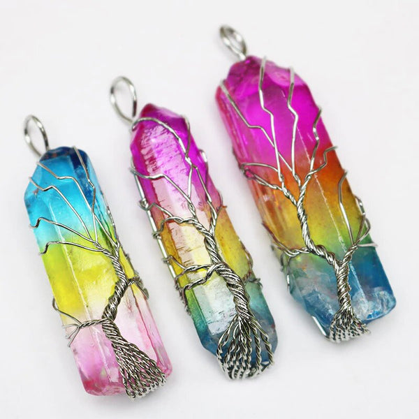 Natural Rainbow or Clear Quartz Tree Life Pendant