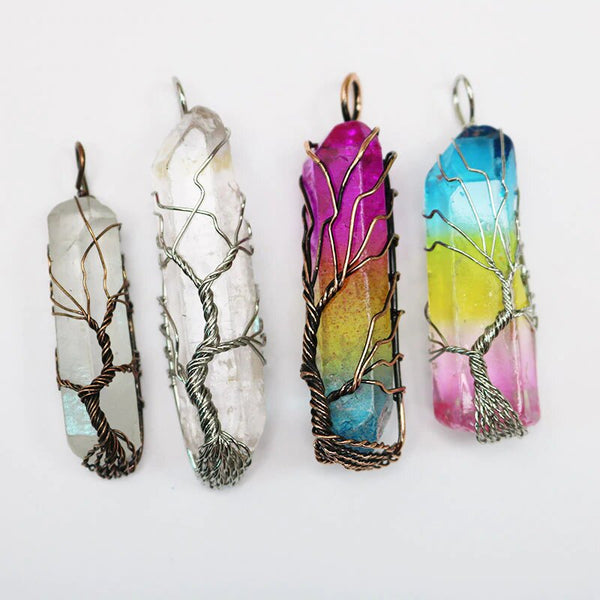 Natural Rainbow or Clear Quartz Tree Life Pendant