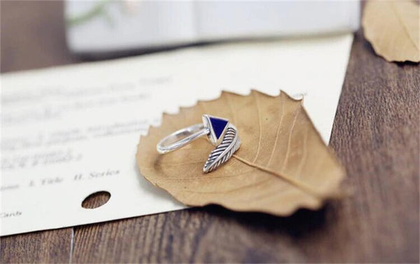 Sterling Silver Retro Triangle Feather Cuff Ring