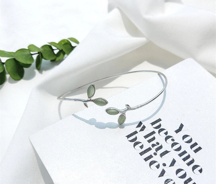 Sterling Silver Double Opal Leaf Cuff Bracelet