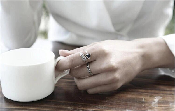 Sterling Silver Retro Triangle Feather Cuff Ring