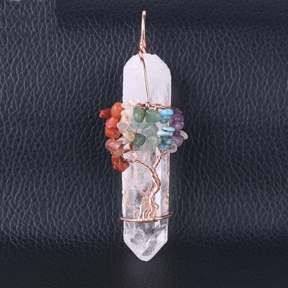 Big Natural White Crystal Pendant Chakra Tree of Life